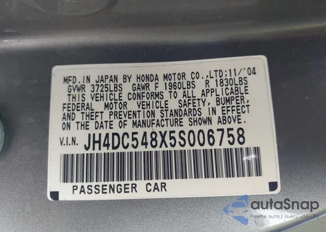 2005 Acura Rsx from USA, damaged, VIN JH4DC548X5S006758